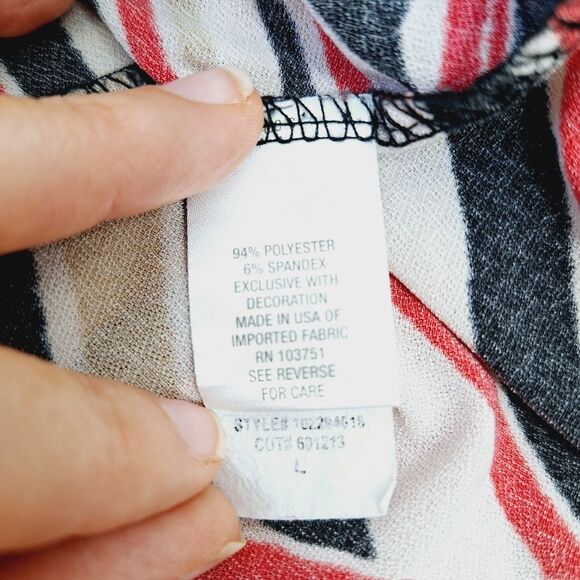 Roz & Ali Abstract Geometric Print Blouse Red Black Cream 3/4 Tie Sleeve Size L - Picture 7 of 13